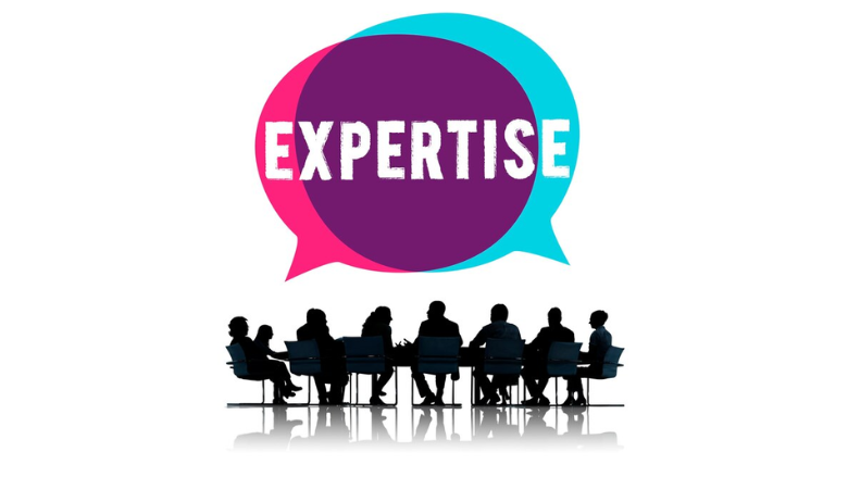 group of business peoples' silhouette with bubble saying 'expertise' overhead