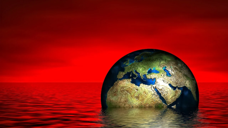 digital rendering of earth against a red background halfway submerged in floodwater
