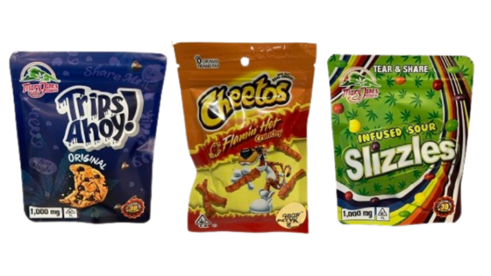 Delta 8 THC products branded like Chips Ahoy, Cheetos, and Skittles