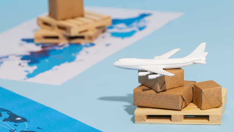 art of shipping boxes, plane, pallet, and world map