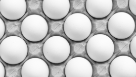 bird's eye view of white eggs in cardboard carton