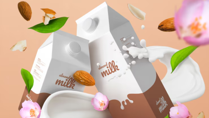 digital art of almond milk cartons with milk splashes and almonds