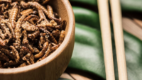 dried mealworms in wooden bowl next to chopsticks