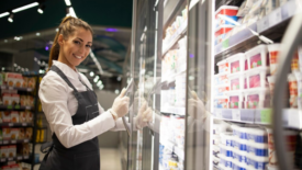 female grocery store worker in frozen section smiling at camera