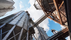 ground-up view of industrial or agricultural silos