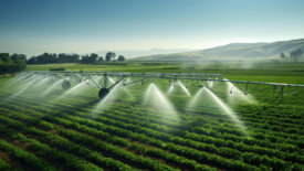 large overhead sprinkler spraying water on crops