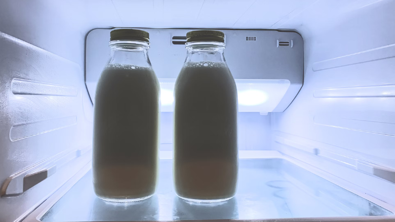 milk bottles in fridge