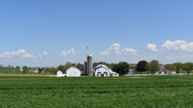 white barn and silos in the middle of a green farm