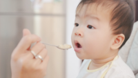 young baby being fed pureed food