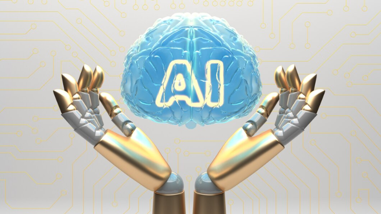 3d rendering of robotic hands holding aloft a blue brain that says AI