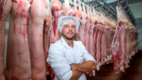 butcher in factory standing in front of swine carcasses