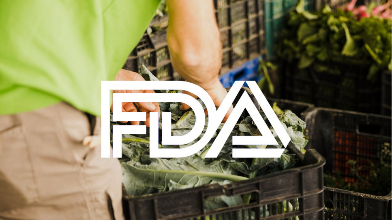 person rifling through crates of produce FDA logo overlay