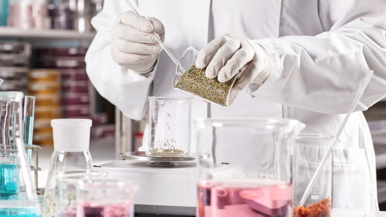 scientist in a lab with some food ingredients and chemicals